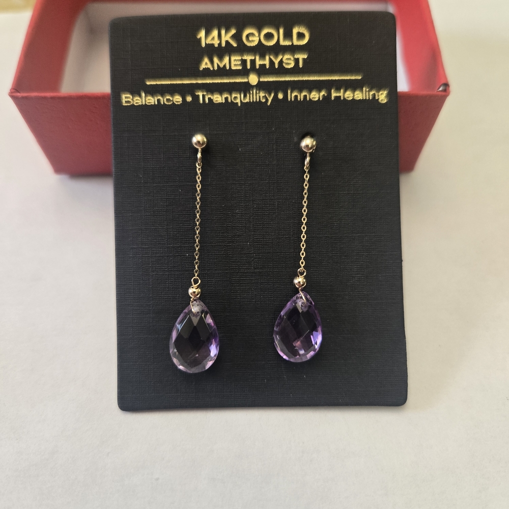 14K Solid Yellow Gold Semiprecious Amethyst Drop Earrings - - Picture 12 of 12